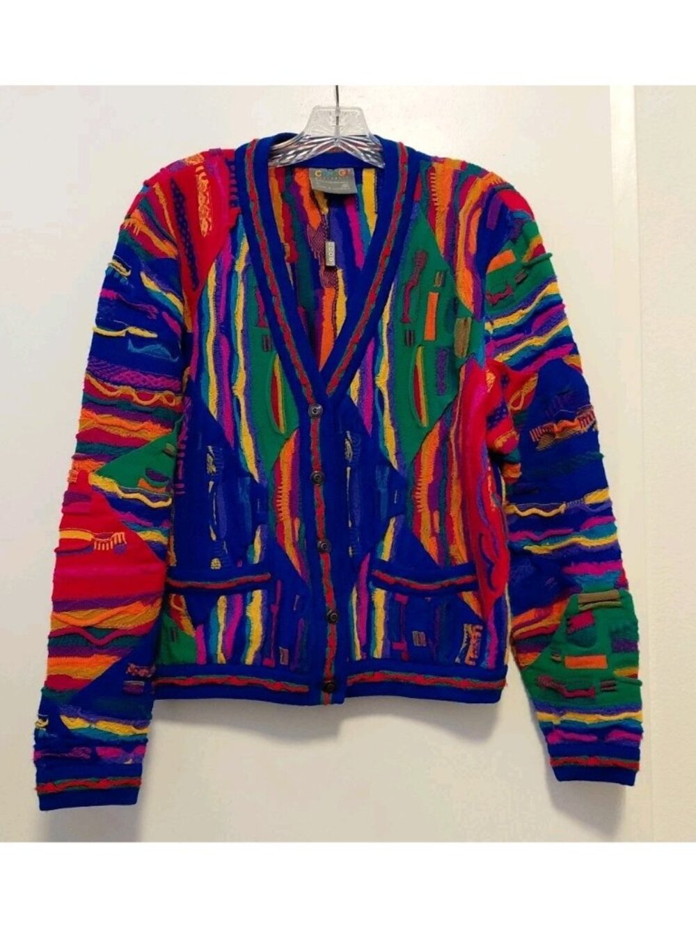 Coogi Vintage Cardigan V Neck 100% Wool Rainbow Large